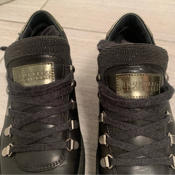 Brunello Cucinelli black leather platform sneakers with Monili detail size 7.5 - Picture 2 of 8